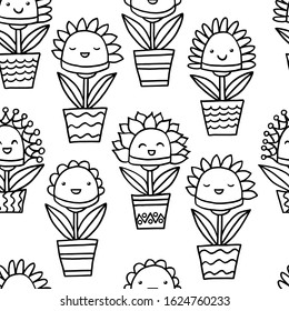 Seamless pattern with abstract funny kawaii smiling potted flowers, coloring page for kids and adults