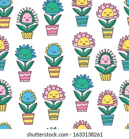 Seamless pattern with abstract funny kawaii smiling potted flowers, on white background, for packaging design, covers, postcard design, textile print