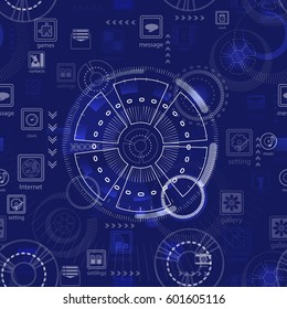 Seamless pattern. Abstract future technology concept background blue with ticks and icons for smart phone, vector illustration for your design.