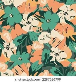 Seamless pattern of abstract garden flowers. Orange and bright green.