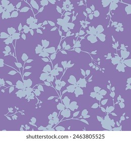 Seamless pattern with abstract garden flowers, stem, bud and leaf silhouette. Purple background with blossoming flower. Vintage floral wallpaper. Vector stock illustration.