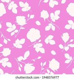 Seamless pattern with abstract garden rose, stem, bud and leaf silhouette. Pink background with blossoming flower. Vintage floral wallpaper. Vector stock illustration.