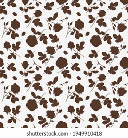 Seamless pattern with abstract garden rose, stem, bud and leaf silhouette. Gray background with blossoming flower. Vintage floral wallpaper. Vector stock illustration.