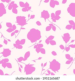 Seamless pattern with abstract garden rose, stem, bud and leaf silhouette. Pink background with blossoming flower. Vintage floral wallpaper. Vector stock illustration.
