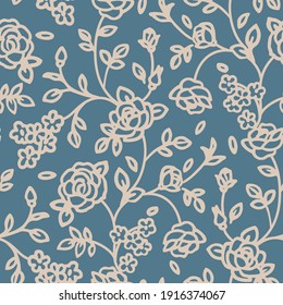 Patrón sin foco con rosas abstractas de jardín, con tallos, brotes y silueta de hojas. Fondo verde con flores de contorno florecientes. Papel pintado a mano floral vintage. Ilustración de material vectorial.