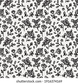 Seamless pattern with abstract garden roses, with stems, buds and leaves silhouette. Background with blossoming black outline flowers. Vintage floral hand drawn wallpaper. Vector stock illustration.