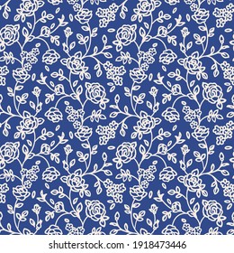 Seamless pattern with abstract garden roses, with stems, buds and leaves silhouette. Blue background with blossoming outline flowers. Vintage floral hand drawn wallpaper. Vector stock illustration.