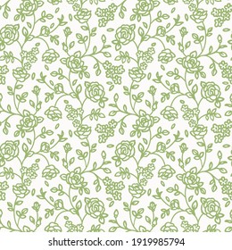 Nahtloses Muster mit abstrakten Gartenrosen, mit Stielen, Knospen und Blättern Silhouette. Weißer Hintergrund mit blühenden grünen Rahmenblumen. Vintage Blumenhintergrund, handgezeichnet. Vektorgrafik.