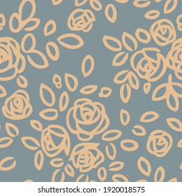 Seamless pattern with abstract garden roses, with buds and leaves silhouette. Blue background with blossoming outline flowers. Vintage floral hand drawn wallpaper. Vector stock illustration.