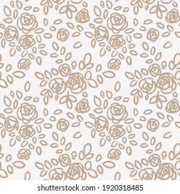 Nahtloses Muster mit abstrakten Gartenrosen, mit Knospen und Blättern Silhouette. Weißer Hintergrund mit blühenden Rahmenblumen. Vintage Blumenhintergrund, handgezeichnet. Vektorgrafik.