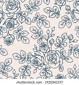 Seamless pattern with abstract garden roses, with stems, buds and leaves silhouette. Background with blossoming blue outline flowers. Vintage floral hand drawn wallpaper. Vector stock illustration.