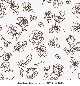 Patrón sin foco con rosas abstractas de jardín, con tallos, brotes y silueta de hojas. Antecedentes con flores de contorno marrón floreciente. Papel pintado a mano floral vintage. Ilustración de material vectorial.