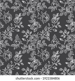 Seamless pattern with abstract garden roses, with buds and leaves silhouette. Black background with blossoming outline flowers. Vintage floral hand drawn wallpaper. Vector stock illustration.