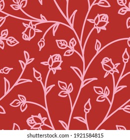 Seamless pattern with abstract garden roses, with stems, buds and leaves silhouette. Red background with blossoming outline flowers. Vintage floral hand drawn wallpaper. Vector stock illustration.