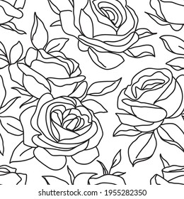 Seamless pattern with abstract garden roses and leaves silhouette. Green background with blossoming flowers. Vintage floral hand drawn wallpaper. Vector stock illustration.