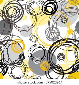 Seamless pattern. Abstract geometric background. Black yellow white hand drawn intersecting outline circles in white background. Wrapping paper or textile fabric texture. Graphic vector design.