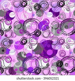 Seamless pattern. Abstract geometric background. Black gray purple hand drawn intersecting outline circles in pink background. Wrapping packaging paper, textile fabric texture. Vector graphic design