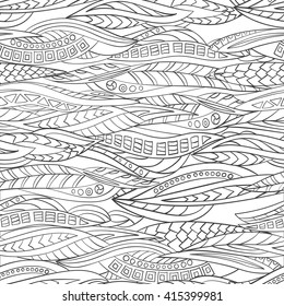Seamless pattern of abstract, geometric bands in style zentangl. Painted by hand in a monochrome scheme.