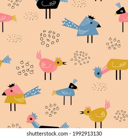 Seamless pattern with abstract geometric birds. Vector hand-drawn baby background perfect for  for printing on the fabric, design package and cover. Children's print