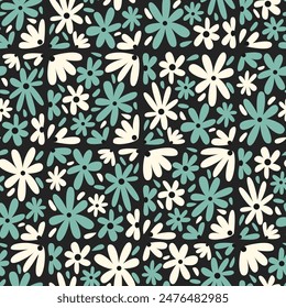 Seamless pattern with abstract geometric chamomile flowers. Vector floral flat background