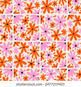 Seamless pattern with abstract geometric chamomile flowers. Vector floral flat background