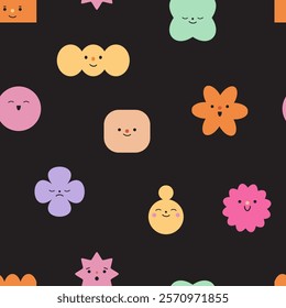 Seamless pattern with abstract geometric characters. Different emotions and feelings. Cartoon cute comic shapes with face expressions. Texture with childish flat vector illustrations on black