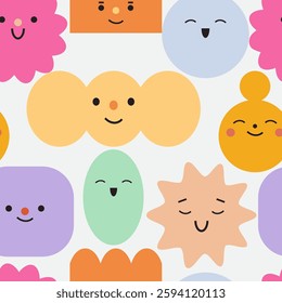 Seamless pattern with abstract geometric characters. Different emotions and feelings. Cartoon cute comic shapes with face expressions. Texture with cute childish flat vector illustrations