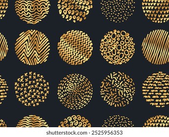 Seamless pattern abstract geometric with circles, gold glitter elements. Hand drawn golden trendy textures. Vector modern abstract design for paper, holidays, cover, background, fabric, interior decor