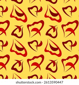 Seamless pattern of abstract geometric elements in the form of butterfly wings in red colors, overlapping each other on a yellow background. Vector pattern, for printing on paper and fabrics.