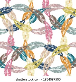 Seamless pattern with abstract geometric feather lace in bright tones on pastel background. Can be used for textile, stationary, backgrounds and wallpaper, wrapping paper. 