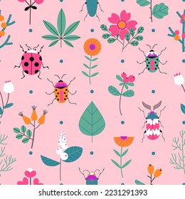 Seamless pattern with abstract geometric flowers and bugs. Hand drawn botanical vector background.