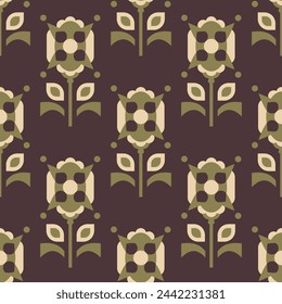 seamless pattern with abstract geometric flowers on a brown background vector illustration
