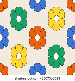 Patrón sin fisuras con flores geométricas abstractas. Fondo de contorno simple floral de Vector. Impresión de moda de Antiguas con flores de margarita coloridas en estilo de los años 70