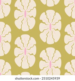 Seamless pattern with abstract geometric flowers in retro hippie style. Vector floral background. Vintage fashionable print with daisy funky flowers in 1970s style
