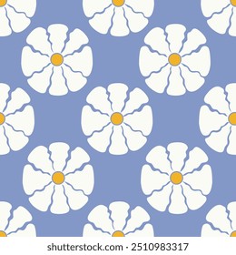 Patrón sin fisuras con flores geométricas abstractas en estilo hippie retro. Fondo floral de Vector. Antiguas estampado de moda con flores funky de margarita en estilo de los años 70