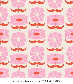 Seamless pattern with abstract geometric flowers in retro hippie style. Vector floral background. Vintage fashionable print with daisy funky flowers in 1970s style