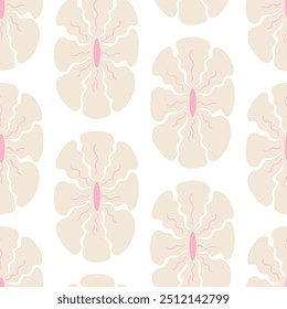 Seamless pattern with abstract geometric flowers in retro hippie style. Vector floral background. Vintage fashionable print with daisy funky flowers in 1970s style
