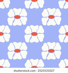 Seamless pattern with abstract geometric flowers in retro hippie style. Vector floral background. Vintage fashionable print with daisy funky flowers in 1970s style