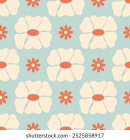 Seamless pattern with abstract geometric flowers in retro hippie style. Vector floral background. Vintage fashionable print with daisy funky flowers in 1970s style