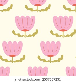 Seamless pattern with abstract geometric flowers in retro hippie style. Vector floral background. Vintage fashionable print with daisy funky flowers in 1970s style
