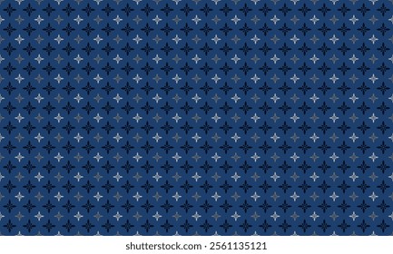 Seamless pattern with abstract geometric four fold flower like in light gray and dark blue on blue background. Vector illustration, for masculine shirt lady dress cloth textile decoration wallpaper