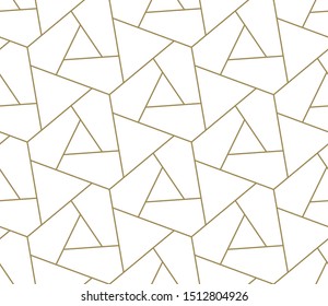 Seamless pattern with abstract geometric line texture, gold on white background. Light modern simple wallpaper, bright tile backdrop, monochrome graphic element.