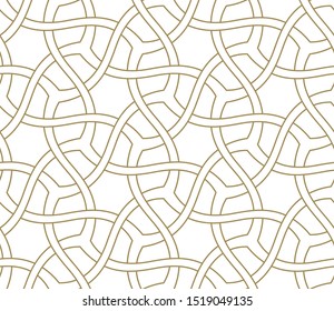 Seamless pattern with abstract geometric line texture, gold on white background. Light modern simple wallpaper, bright tile backdrop, monochrome graphic element.