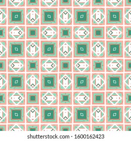 Seamless pattern with abstract geometric ornament in a white-green-pink palette. Vector illustration