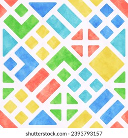 Seamless pattern with abstract geometric ornament and watercolor texture. Modern background with rainbow colored squares and triangles, vector illustration