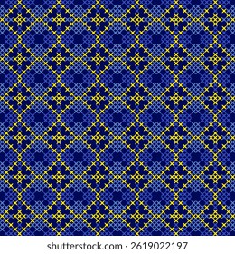 Seamless pattern with abstract geometric ornament. Blue and yellow background