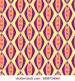 Seamless pattern with abstract geometric ornamental purple oval shapes on yellow background. Can be used for textile, stationary, backgrounds and wallpaper, wrapping paper. 