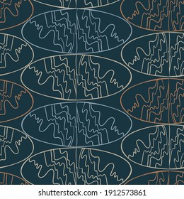 Seamless pattern with abstract geometric oval ornamental lined shapes on blue. Can be used for textile, stationary, backgrounds and wallpaper, wrapping paper. 