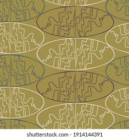 Seamless pattern with abstract geometric oval ornamental lined shapes on light olive color. Can be used for textile, stationary, backgrounds and wallpaper, wrapping paper. 