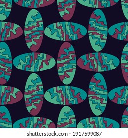 Seamless pattern with abstract geometric oval ornamental lined shapes in dark turquoise tones. Can be used for textile, stationary, backgrounds and wallpaper, wrapping paper. 